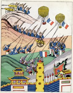 Poster che mostra le truppe francesi che usano palloni catturati al tempo della conquista del Tonchino, 1884