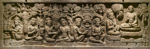 Arada Kalama impartisce il suo insegnamento al futuro Buddha. Indonesia, Giava, Boroduru. Fine del XIX secolo