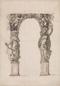 Progetto per un arco temporaneo ornato con putti e figure allegoriche di musica e guerra da Inigo Jones