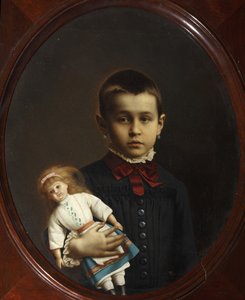 Ritratto di una ragazza con bambola in mano di Volkov, Iosif Petrovich (1854-dopo il 1897). Olio su tela da Iosif Petrovich Volkov