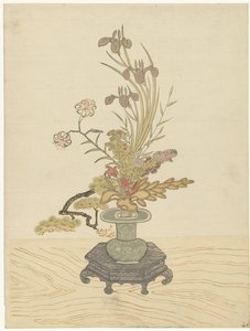 Composizione floreale Ikebana in vaso verde da Ippitsusai Bunchô (manner of)