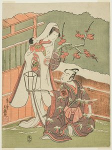 Attori Arashi Sangorô II come Minamoto no Yoritomo e Segawa Kikunojô II come la Donna della Neve in “Cotone di Izu che protegge i crisantemi matrimoniali” (“Myôto-giku Izu no Kisewata”) da Ippitsusai Bunchō