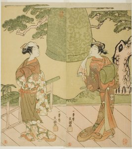 Gli attori Ichimura Uzaemon IX come Shume no Hangan Morihisa (a destra), e Sanogawa Ichimatsu II come Chujo (a sinistra), nella commedia Edo no Hana Wakayagi Soga, rappresentata al Teatro Ichimura nel secondo mese del 1769