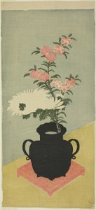 Crisantemi Bianchi e Garofani in un Vaso Nero da Ippitsusai Bunchō