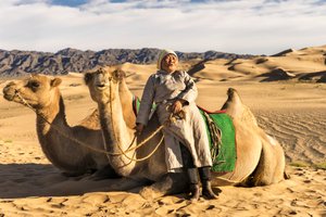 Una donna che si riposa con i cammelli nel Deserto del Gobi Meridionale, Mongolia, 2015 (foto) da Ira Block