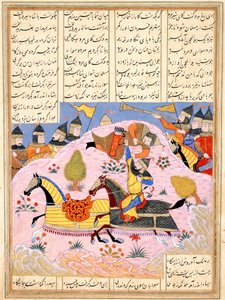 Malik solleva Abul Mihjan dalla sella. Dal Khavarannama Il Libro dell