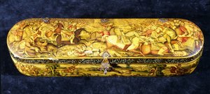 Scatola di penne in cartapesta, il coperchio dipinto con la battaglia di Chaldiran da Iranian School