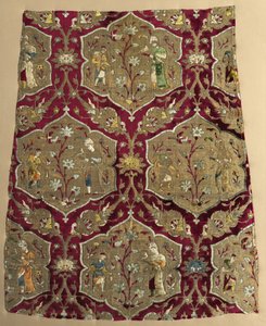 Velluto broccato con falconiere e assistente in reticolo animato, da una veste metà del 1500 da Iranian School