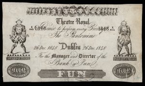 Pubblicità per una pantomima al Theatre Royal, Dublino, basata su una banconota della Bank of Ireland da Irish School