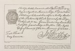 Facsimile del più antico certificato conosciuto emesso sotto il sigillo della Gran Loggia d