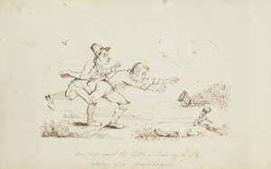 Pop saltò il piccolo con la molla di una cavalletta, illustrazione di un libro che mostra due irlandesi che inseguono un leprechaun, XIX secolo da Irish School
