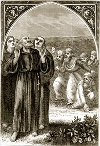San Columba che canta, e attaccato dai druidi, da The Trias Thaumaturga, o Tre santi miracolosi d