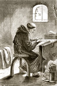 San Vincenzo che scrive nella sua cella a Ferins, da The Trias Thaumaturga, o Tre santi miracolosi d