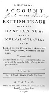 Pagina del titolo di Un resoconto storico del commercio britannico sul Mar Caspio, con un diario di viaggi di Jonas Hanway, 1754