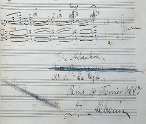 Spartito per la suite per pianoforte "La Vega" con autografo di Isaac Albéniz (1860-1909), compositore e pianista spagnolo. Manoscritto datato 14 febbraio 1897. Biblioteca Nazionale di Catalogna.