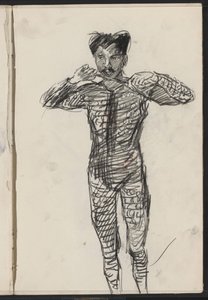 Uomo in piedi in costume, forse un artista