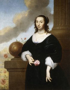 Ritratto di una signora, in piedi a tre quarti di lunghezza, che indossa un abito di raso nero con rifiniture in pizzo bianco da Isaac Luttichuys