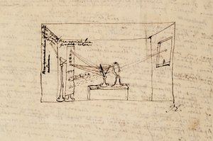 Ms. New Coll 3612 fol.45v Disegno del cosiddetto esperimento cruciale che mostra la luce del sole rifratta attraverso un prisma e poi rifratta attraverso un altro prisma da Isaac Newton