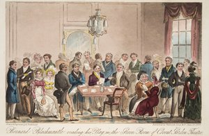 Bernard Blackmantle che legge il suo spettacolo nella Green Room del Covent Garden Theatre, da The English Spy, pub. 1824 da Isaac Robert Cruikshank