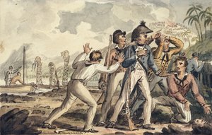 Il capitano Burney scopre i suoi compagni di nave assassinati, illustrazione da "I viaggi del capitano Cook" da Isaac Robert Cruikshank