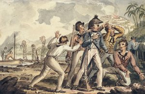 Il capitano Burney scopre i suoi compagni di nave assassinati, dai viaggi del capitano Cook da Isaac Robert Cruikshank