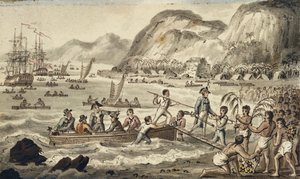 Sbarco del Capitano Cook a Owyhee, illustrazione da "I viaggi del Capitano Cook" da Isaac Robert Cruikshank