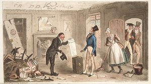 Comfort del college, una matricola che prende possesso delle sue stanze, da The English Spy, pub. 1824 da Isaac Robert Cruikshank