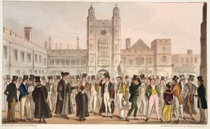 Prima assenza, o Etoniani che rispondono al roll call mattutino, da The English Spy, pub. 1824 da Isaac Robert Cruikshank