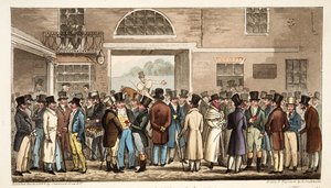 Lunedì dopo il grande St Leger, o eroi del turf che pagano e ricevono a Tattersalls, da The English Spy, pub. 1824 da Isaac Robert Cruikshank