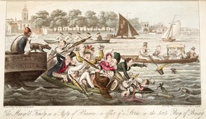 La famiglia Marigold in una festa di piacere, o effetto di una tempesta nella piccola baia di Biscay, da The English Spy, pub. 1824 da Isaac Robert Cruikshank