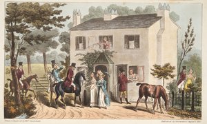 Le case di Oakland, Cheltenham, o cacciatori di volpi e i loro favoriti, da The English Spy, pub. 1824 da Isaac Robert Cruikshank