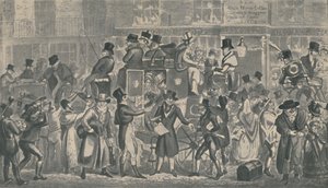 Fuori dalla White Horse Cellar, Piccadilly, 1821, 1920 da Isaac, Robert and George Cruikshank