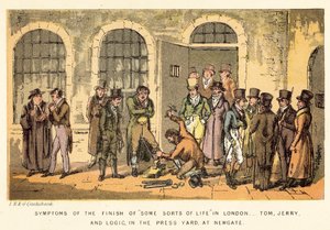 Sintomi della fine di alcuni tipi di vita a Londra, Tom, Jerry e Logic, nel cortile della stampa, a Newgate da Isaac, Robert and George Cruikshank