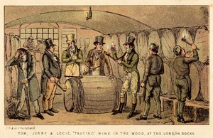 Tom, Jerry e Logic, degustando vino in botte, ai London Docks da Isaac, Robert and George Cruikshank