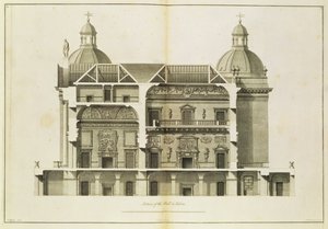 Houghton Hall: sezione trasversale della Sala e del Salone, inciso da Pierre Fourdrinier, 1735 da Isaac Ware