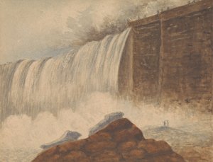 Veduta delle cascate del Niagara con due figure su una roccia in primo piano a destra