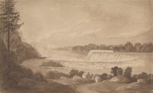 Veduta delle cascate del Niagara con le cascate sullo sfondo, a destra, e paesaggio con case in primo piano