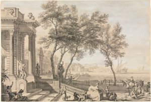Scena fantastica di porto con architettura e figure da Isaac de Moucheron