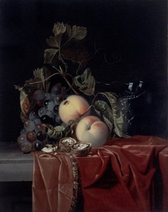 Natura morta di uva, pesche, noci e un bicchiere di vino da Isaak Denies