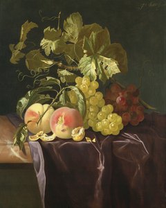 Natura morta di frutta, noci e foglie su un panno di velluto da Isaak Denies