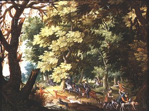 Paesaggio boscoso con cacciatori e cani