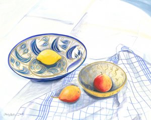 Natura morta con limone e pere