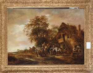 Cavalieri che si rinfrescano fuori da una locanda, con altre figure e un cavallo con carro da Isack van Ostade