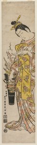 Cortigiana che legge un biglietto poetico legato a fiori in un vaso da Ishikawa Toyonobu