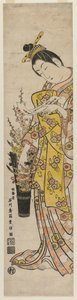 Cortigiana che legge un poema legato a fiori in un vaso, metà 1740 da Ishikawa Toyonobu