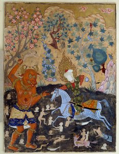 Arte islamica: pagina di un falnama: Iman Reza combatte un Div