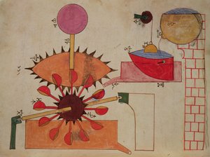 Diagramma di un sistema per pompare acqua in una vasca, dal Libro della Conoscenza dei Dispositivi Meccanici Ingegnosi di Al-Djazari, 1206