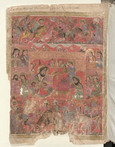 Pagina intera: miniatura: immagine di dedica: al centro a sinistra una figura di sovrano, il committente del manoscritto (miniatura)