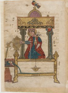 Automata per il lavaggio delle mani con meccanismo di scarico, foglio da Il Libro dei Dispositivi Meccanici Ingegnosi; di Al-Djazari, 1315 da Islamic School