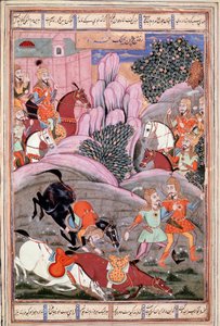 Arte islamica: "Bijene e Roham vanno ad attaccare Firoud" Miniatura persiana da un manoscritto del poema epico "Shahnameh" (Shah Nama, Shahnama) (Libro dei Re) di Ferdowsi (Firdawsi, o Ferdawsi, o Firdousi, ca. 940-1020 circa) (ms. 607) Chantilly, Museo